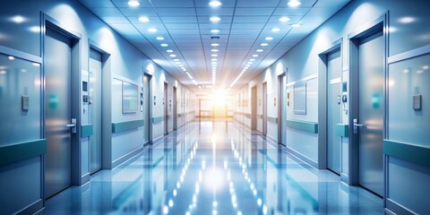 Fototapeta premium A Bright and Sterile Hospital Corridor, Wide Angle Perspective, Blue and White Tones, Clean and Modern Design, Light Reflecting off the Floor, Hospital, Healthcare