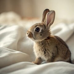 Naklejka premium A close-up of a small, adorable bunny with light tan fur, sitting on a soft cushion, exuding a calm and gentle vibe with its big eyes and twitching nose.