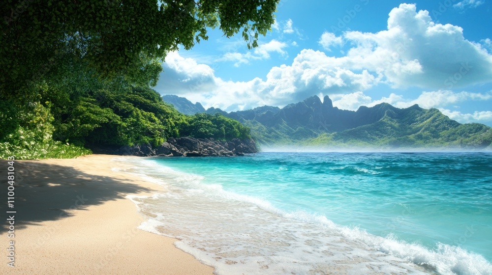 Wall mural a serene beach scene featuring turquoise waters, soft sand, lush greenery, and mountains under a bri