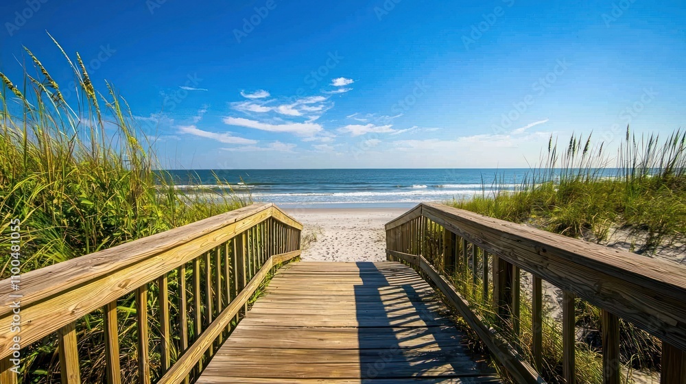 Wall mural a wooden walkway leads to a serene beach, framed by lush grass under a bright blue sky with scattere