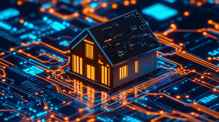 Obraz premium デジタル基板の上に置かれたスマートホームの模型