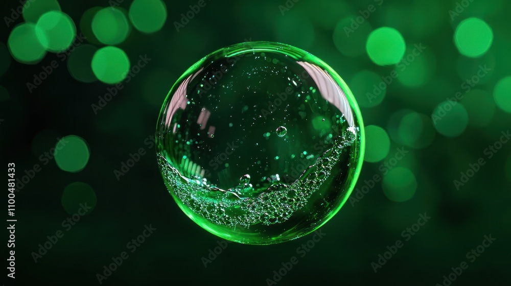 Poster A close-up of a floating green bubble surrounded by shimmering green bokeh, showcasing delicate details and reflections.