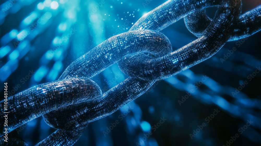 Poster glowing blue blockchain technology concept with digital links in a futuristic environment