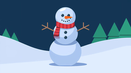 Obraz premium A flat illustration of a snowman with a red scarf and a carrot nose in the snow