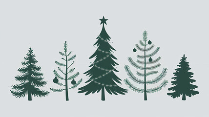 Obraz premium A set of stylish drawn Christmas tree silhouettes on a white isolated background