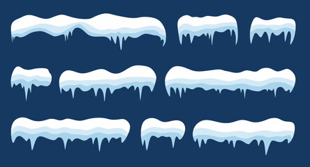 Set of snow caps, snowy ice and frozen icicles in cartoon style for greeting cards, invitations, banner and posters. Snow elements isolated. Winter season. Colored flat vector illustration