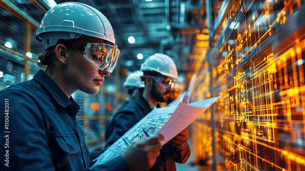 Poster engineers collaborating in a high-tech facility while examining detailed blueprints