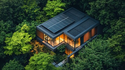 Modern house with solar panels surrounded by lush greenery.