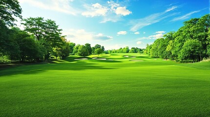 Fototapeta premium Rolling green hills of a lush lawn stretching towards a golf course, nature, golf