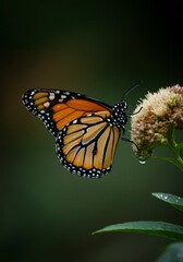 Obraz premium A vibrant butterfly with orange, black, and white wings perches delicately on an orange flower, bathed in warm backlighting, showcasing the intricate details of both the butterfly and the flower
