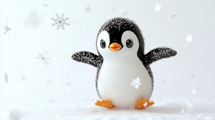 Fototapeta premium Cute penguin in snow field. Winter theme background template for greeting card design.