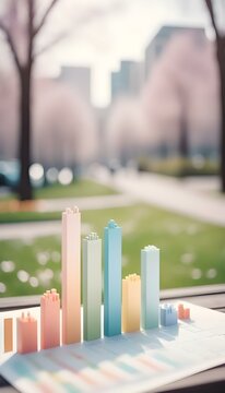 business financial graph with bokeh effect, featuring scatter plots in pastel colors, with a blurred urban park setting in spring create with ai