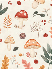 Soft pastelcolored illustration featuring whimsical nature elements such as mushrooms leaves and berries pattern Include a cute snail delicate flowers and a serene mi
