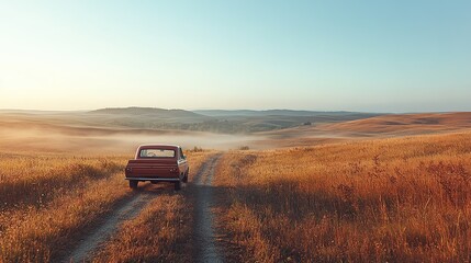 Fototapeta premium A vintage car parked on a dirt road through a misty golden landscape at sunrise.