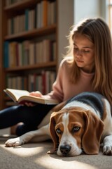 Young woman reading a book happily with her dog in a cozy library setting