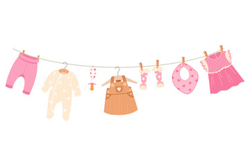 Cute vector illustration of pink baby girl clothes hanging on pegs, perfect for baby shower party theme. Ideal for invitations, decorations, and greeting cards. Soft, charming and playful design