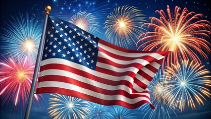 American Flag Waving in Fireworks Display, 4th of July, Independence Day, Patriotic , USA