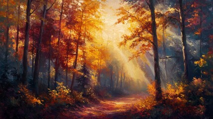 Obraz premium Autumnal Forest Path Sunlight Illuminates Colorful Trees