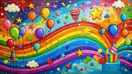 Obraz premium Birthday Celebration Graffiti on Brick Wall with Rainbow and Balloons, birthday, celebration, graffiti, wall art
