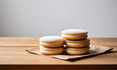 Alfajores stacked on wooden backdrop, inviting mood, representing indulgence with soft, creamy textures.