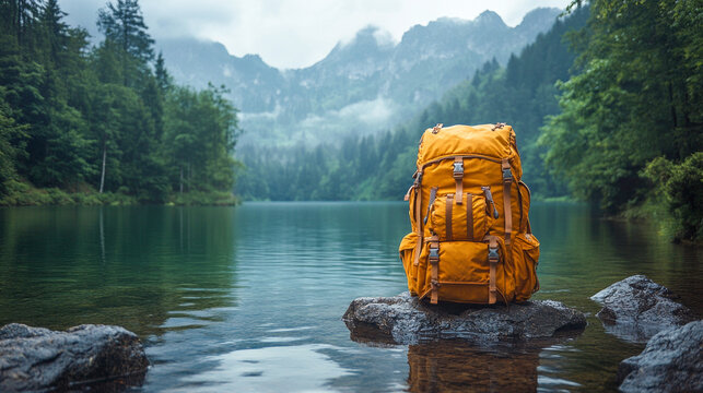 Bright orange backpack by misty mountain lake in tranquil forest setting