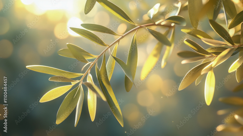 Poster olive branch in sunlight with soft bokeh effect showcasing natural serenity