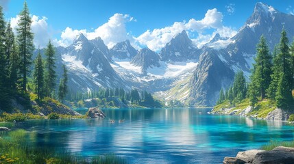 Fototapeta premium Serene Mountain Lake With Snow Capped Peaks And Evergreen Trees