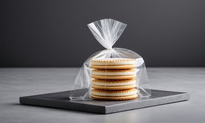 Alfajores in clear packaging, inviting, stacked on a dark slate background with copy space