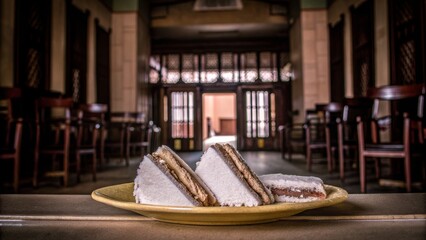 Alfajores on a yellow plate, inviting mood, displaying deliciousness, against a rustic cafe background