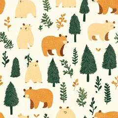 Obraz premium Adorable Bear Forest Pattern