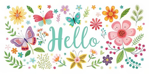 Obraz premium Colorful Floral Greeting with Butterflies and Hello Text, flower, butterfly, greeting card, floral design