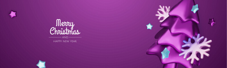 Obraz premium Christmas winter festive composition. Colorful Xmas background realistic 3d decorative design objects, christmas tree, gift boxes, xmas ball, gold confetti. Happy New Year. Vector illustration