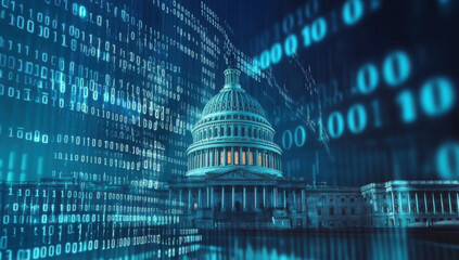 Silhouette of White House with united state of America flag and stock market chart for USA election president related with economy and investment concept.