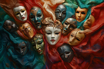 Obraz premium A vibrant array of decorative masks is accented by opulent, flowing fabrics, creating festivity