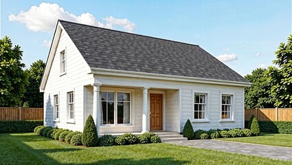 One-storey house with attic for permanent residence. Modern cottage with white facade. Cottage with columns on large landscaped plot with green lawn