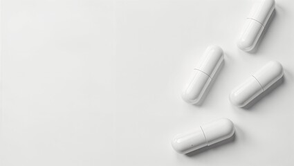 White capsules with medicine on white background. Pills scattered on table. Tablets in close-up, top view, flat lay. Banner with copy space for text