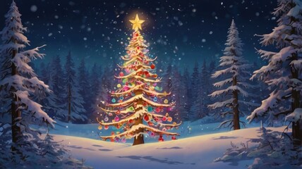 Naklejka premium Here's a description and keywords for your stock photo image.. Magical Christmas tree in snowy forest at night.