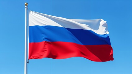 National flag of Russia on flagpole against a blue sky background. National symbol of Russian Federation in close-up