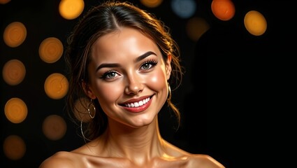 Fototapeta premium Charming young woman on black background with blurred highlights from the illumination of the holiday with a bokeh effect. Portrait of beautiful smiling female with bright evening makeup