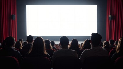 Auditorium of cinema or theater. People sitting in red chairs and looking at white blank screen while waiting for movie. Audience watching movie. Silhouettes of people. Copy space for text