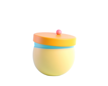 a round yellow and blue container with a pink ball