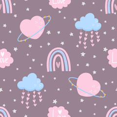 Cute seamless pattern with planet in heart shape, cloud, stars. Vector pastel background. Valentine's day and love