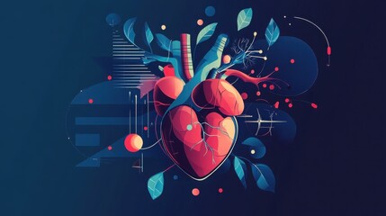 Obraz premium Vibrant illustration of a human heart interwoven with leaves and abstract design elements. A striking image representing life, health, and nature.