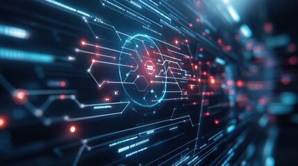 Abstract digital technology background with glowing lines and nodes. Futuristic interface concept.