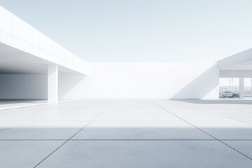 Obraz premium Empty white minimalist architecture building exterior with concrete floor car park. Wide open space ideal for product mockups. Modern design with light airy feel. Exterior architectural scene clean