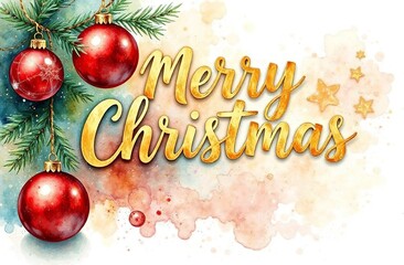 Merry Christmas Handwritten script font inscription. Red balls on fir branch. Watercolor Background. New Year banner. Advertising Poster for December holidays, golden lettering text