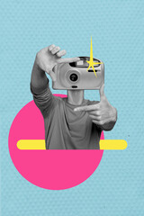 Vertical photo collage of anonym man instead head retro instant camera flash cadre hands focus...
