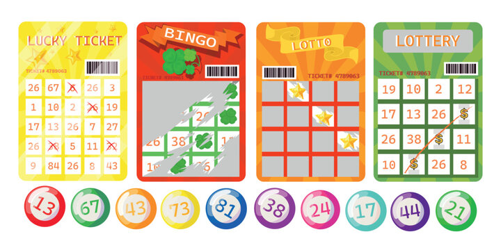 Set of lottery tickets and balls for lottery machines in cartoon style. Vector illustration of lottery tickets with numbers, barcodes, four-leaf clovers, stars, dollars isolated on white background.