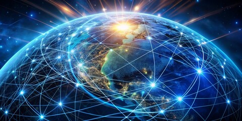 Obraz premium Global Network Connections - Earth with glowing lines and nodes, network, internet, technology, communication,