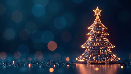 Glowing Christmas tree in futuristic design. High-tech digital design on blurred blue background with bokeh combining technology and holiday themes